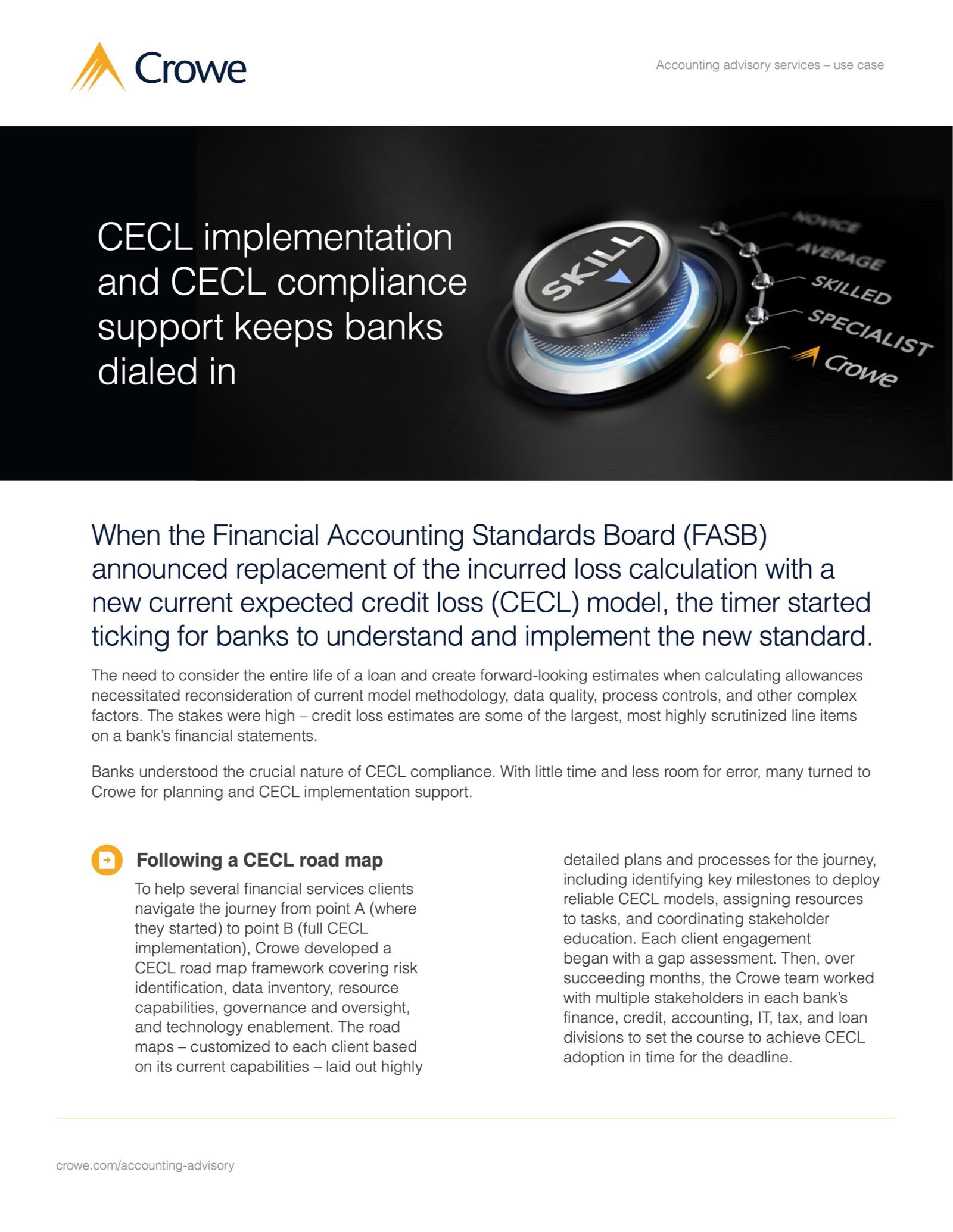 Banks know the importance of current expected credit loss (CECL) compliance. When the Financial Accounting Standards Board announced new standards, the clock was ticking. This use case shows how Crowe helped a variety of banks understand, plan, and implement the new standards.