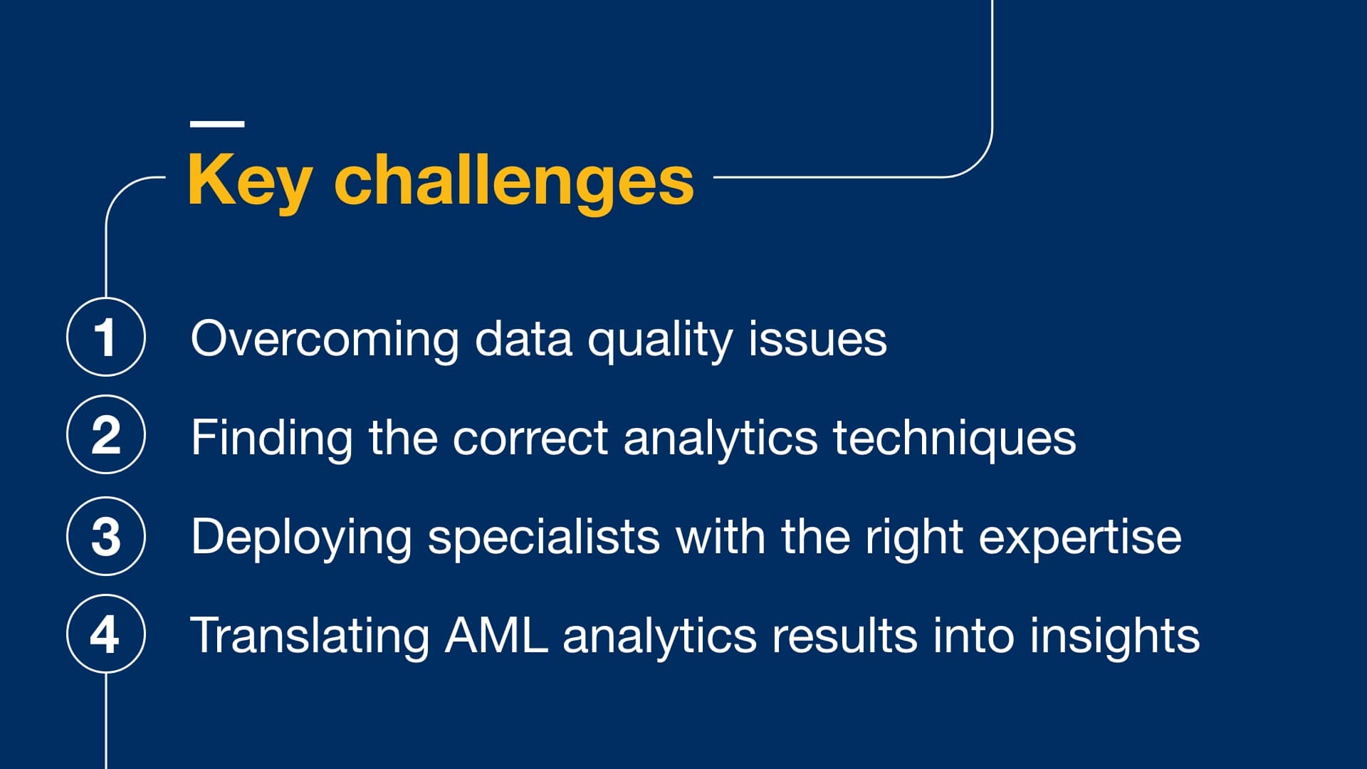Organizations must solve several challenges to reap the benefits of advanced AML analytics - Key challenges