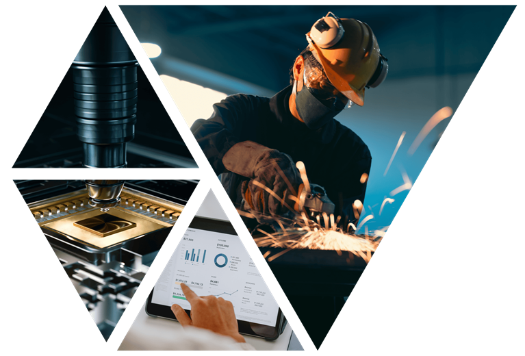 Combination of technician cutting an iron pipe, advanced manufacturing process, business person reviewing financial data on tablet
