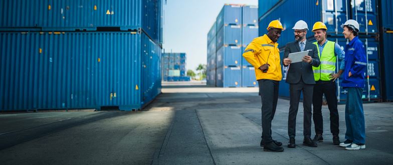 Supply chain professionals review logistics data at a shipping container yard, representing collaboration amid changing regulations.