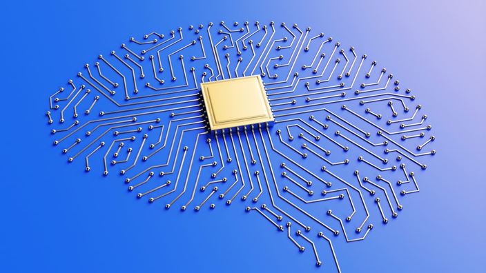 An illustration of a brain formed by interconnected circuits originating from a central microchip