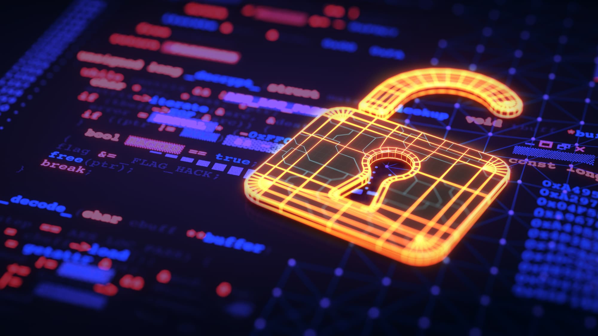 Stylized open padlock over source code, representing cybersecurity threats and HITRUST program updates for Q1 2026.