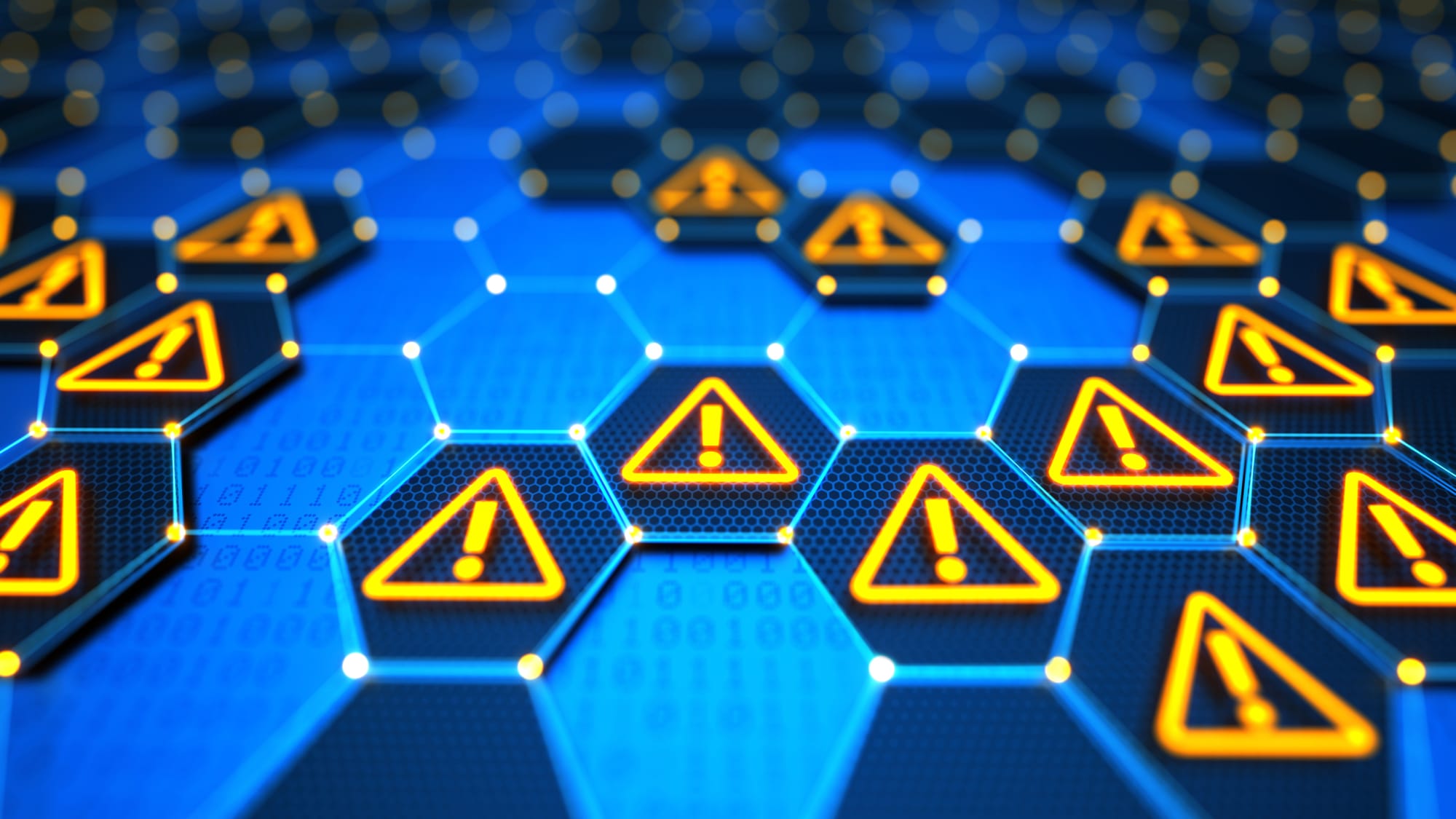 Glowing warning icons across a digital network, symbolizing AI governance gaps and the spread of systemic risk and oversight failures.