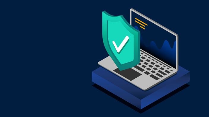 A laptop featuring a green shield and check mark, representing cybersecurity solutions discussed in a webinar recording.