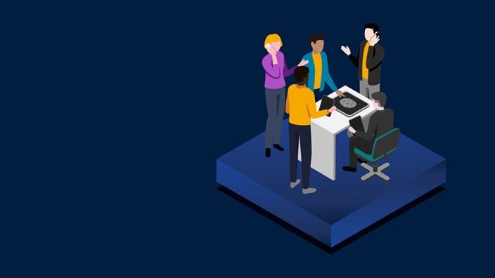 People around a table in front of a blue background, collaborating on building a cybersecurity program for businesses.