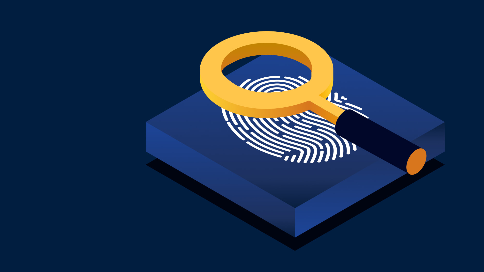 Fingerprint scanner and magnifying glass on a blue box, symbolizing fraud detection in fintech webinar.