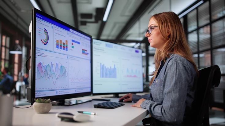 Analyst reviews charts and dashboards on dual monitors, illustrating AI model validation in financial crime risk analysis.