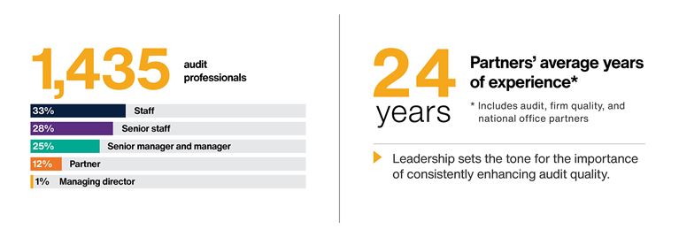 Graphic showing Crowe has 1,435 audit professionals and partners with an average of 24 years of experience.
