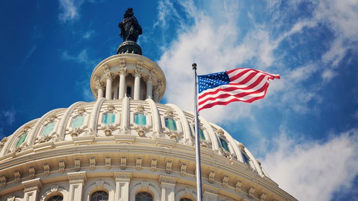 Image of the US Capitol adorned with the American flag, promoting a webinar for private equity professionals on strategic opportunities.