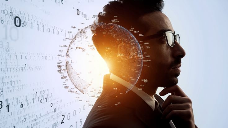 Business professional analyzing digital data and global analytics visualization, representing AI, data intelligence, cybersecurity, and digital transformation.