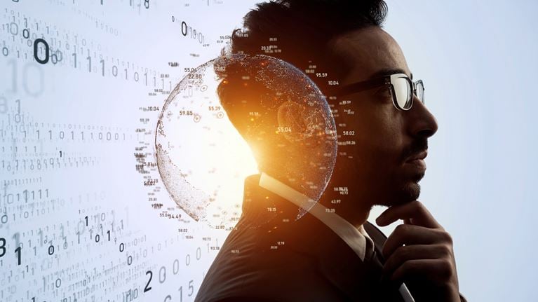 Business professional analyzing digital data and global analytics visualization, representing AI, data intelligence, cybersecurity, and digital transformation.
