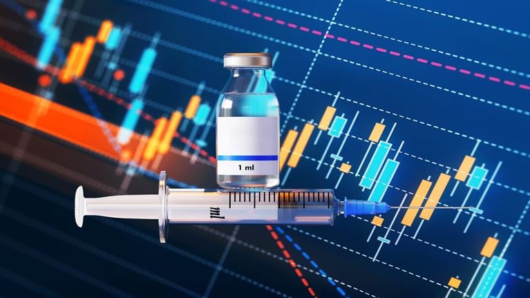 Syringe and vial over stock chart, symbolizing IPO readiness and market positioning for life sciences and biotech companies.