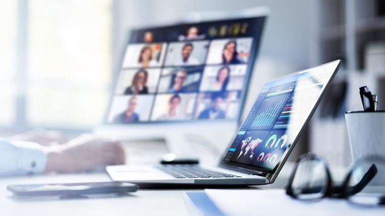 Banking finance leaders review industry data during a virtual peer group discussion.