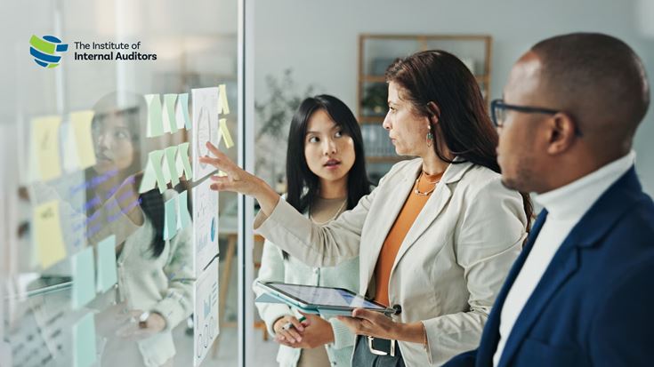 Professionals collaborate at a glass wall with notes and charts, illustrating strategic assessment in public sector internal auditing.