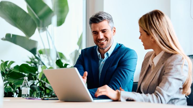 Business colleagues reviewing information on a laptop in a bright, modern office.