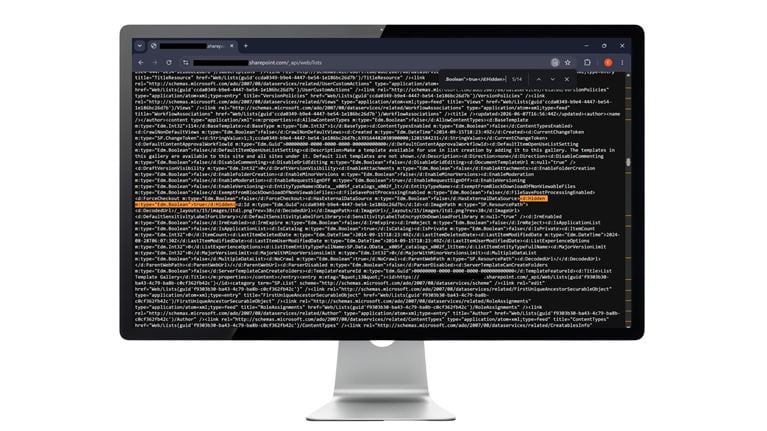 XML details for a SharePoint system list, showing the List Template Gallery marked as hidden and configured as a catalog.