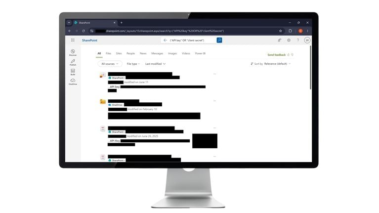 Microsoft 365 search page listing documents that contain references to API keys or client secrets, including several PDF results.