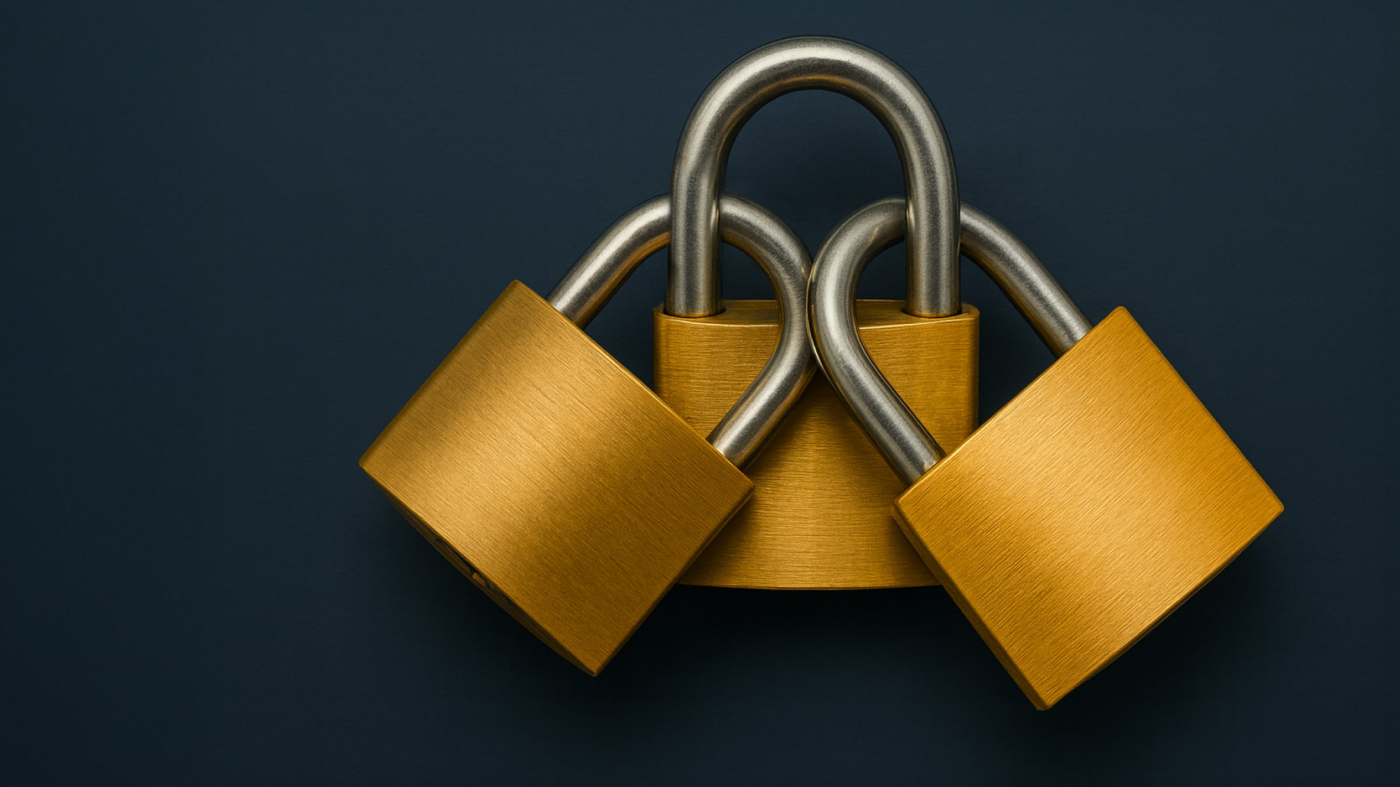 Three interlocked padlocks symbolizing the layered threat of triple-extortion ransomware attacks.