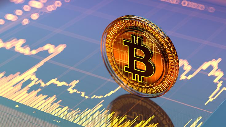 Bitcoin symbol overlaid on a digital financial market chart