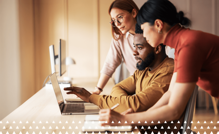 Forensic and legal professionals collaborate using technology to address complex business matters..