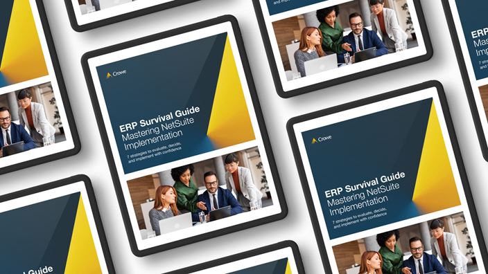 Cover of Crowe’s ERP Survival Guide on mastering NetSuite implementation, highlighting seven strategies for successful implementation and optimization.