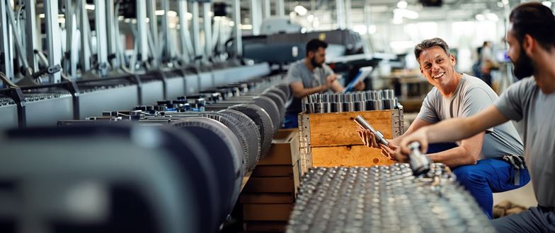 Materials company employees inspect components on a manufacturing floor.