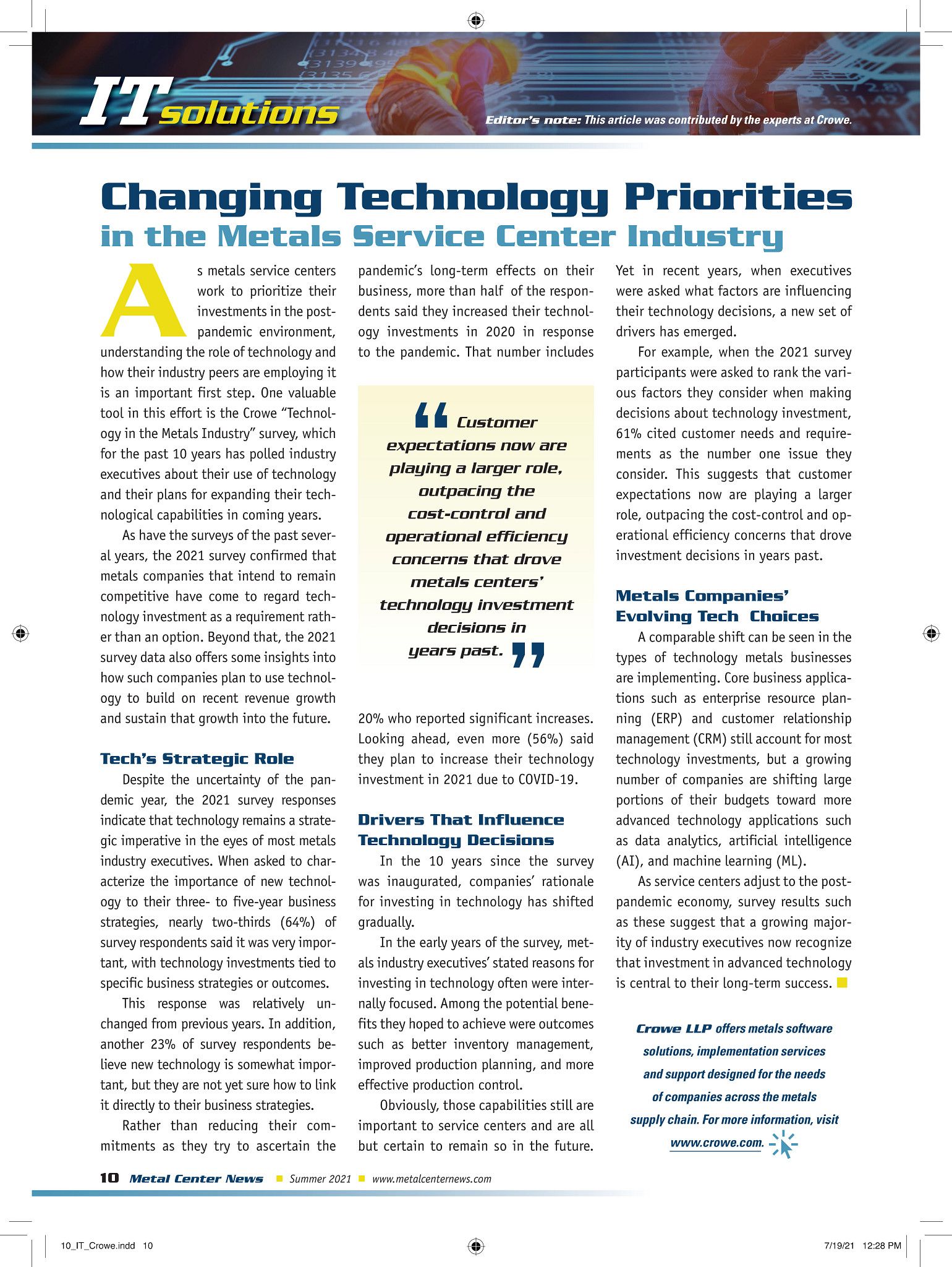Changing technology priorities in the metals service center industry
