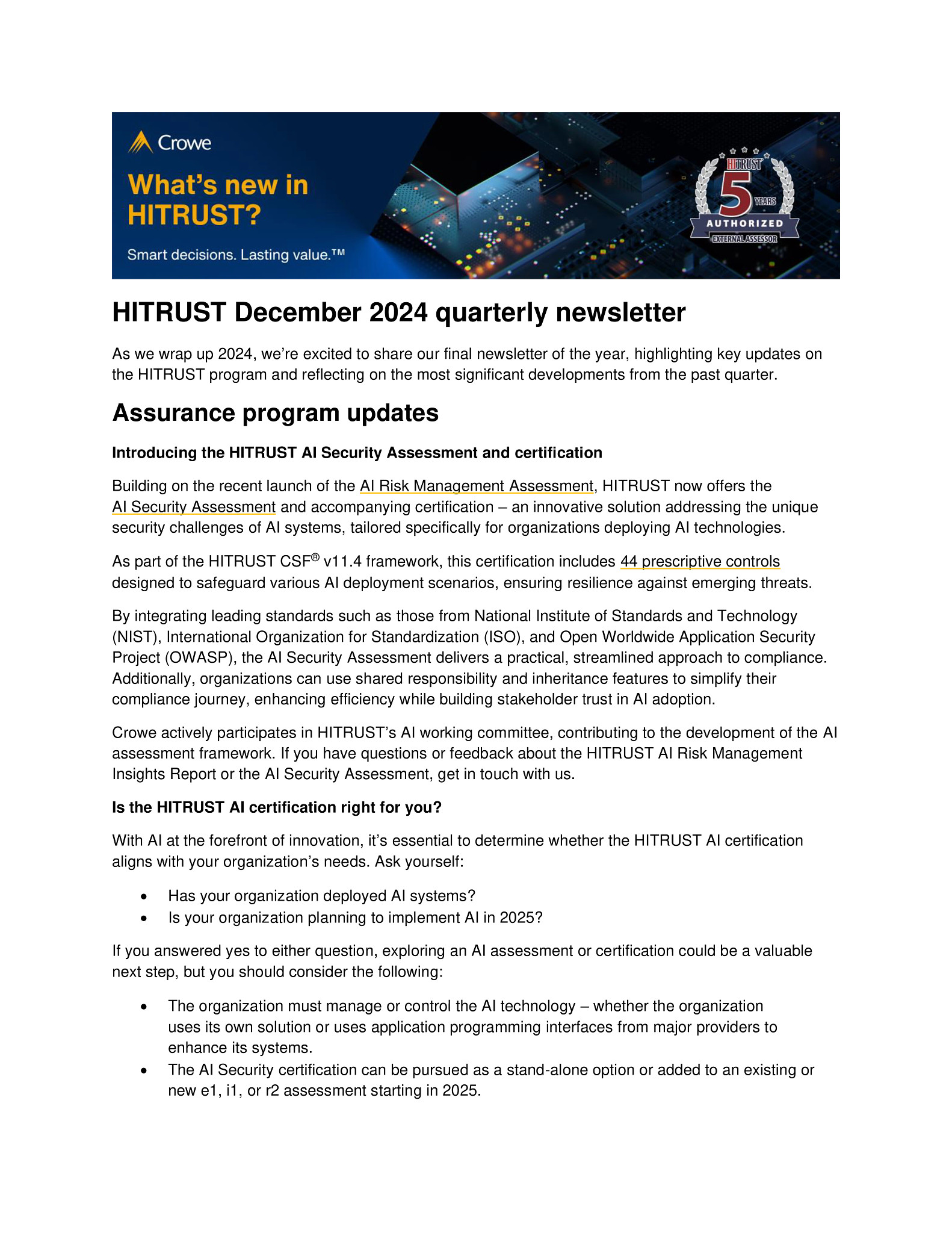 HITRUST December 2024 Quarterly Newsletter