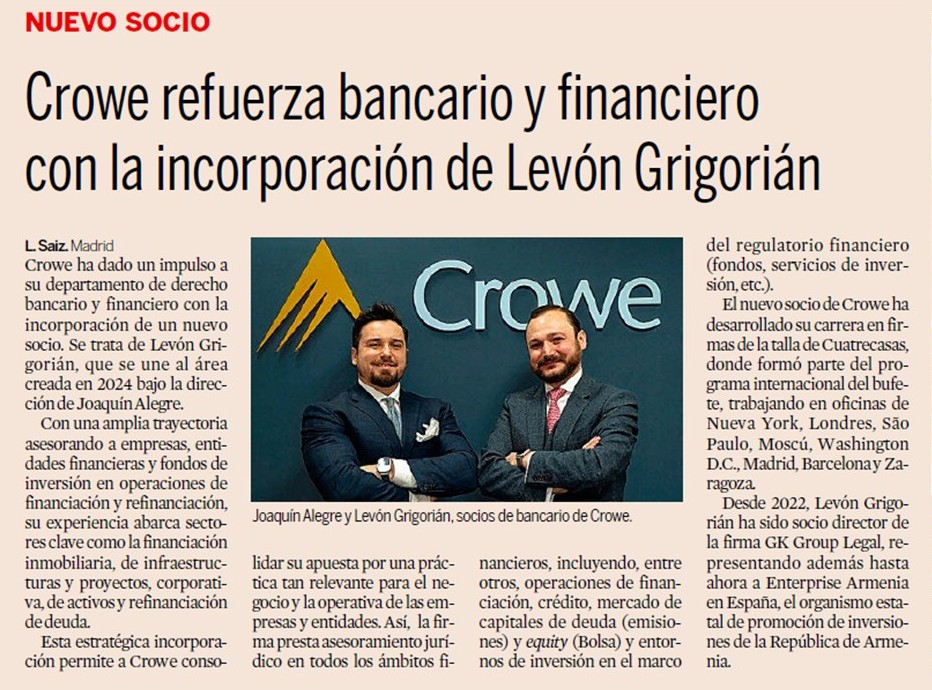 Crowe refuerza bancario y financiero con la incorporación de Levón Grigorián
