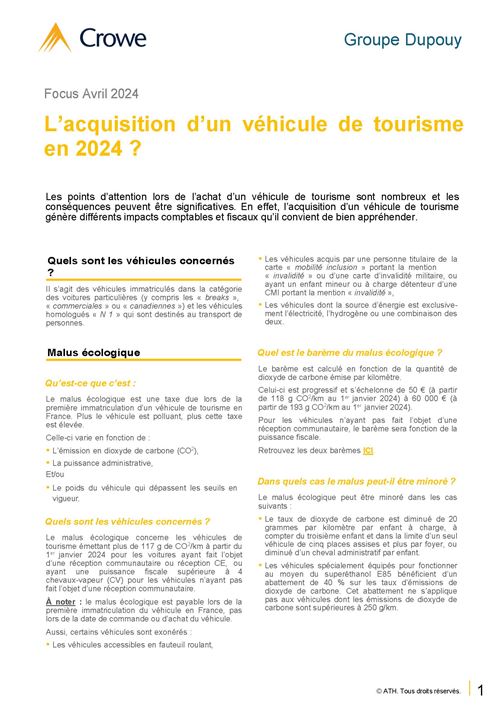 Focus - Acquisition vehicule tourisme - Avril 2024