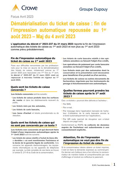 Dématérialisation ticket de caisse - report au 1er aout