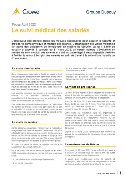 Focus - Suivi medical des salaries - Avril 2022
