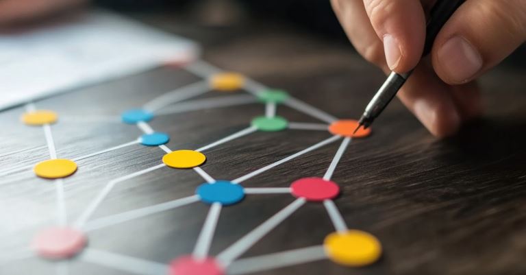 A pen poised over a mapping model made of coloured dots linked by white lines