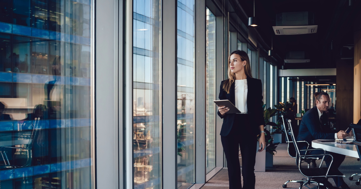woman walking through office