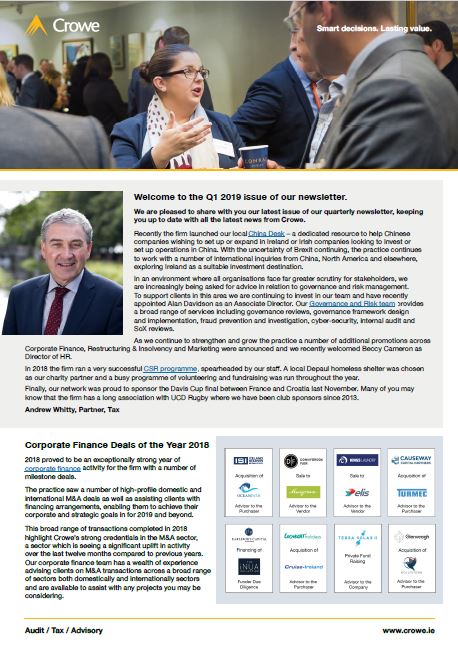 Crowe Ireland newsletter Q1 2019 cover