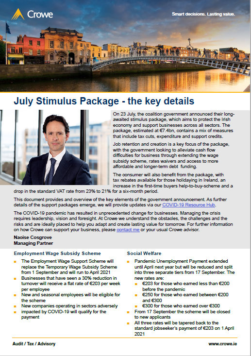 July Stimulus Package  the key details cover - Crowe Ireland