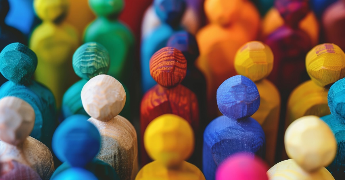 A crowd of carved wooden figures of different colours