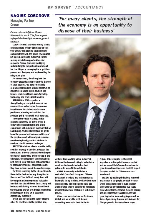 Crowe Ireland feature in 2019 Business Plus Accountants survey