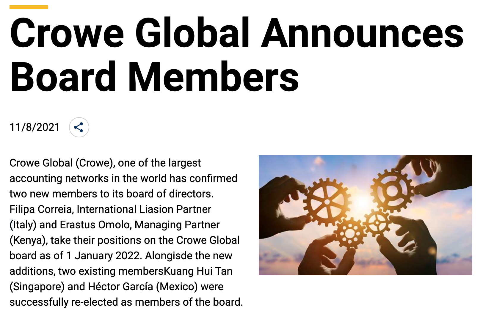 Crowe Global Announces Board Members