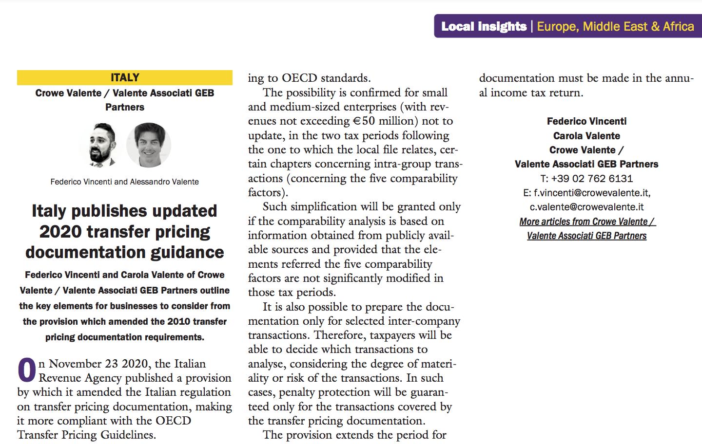 Italy Publishes Updated 2020 Transfer Pricing Documentation Guidance