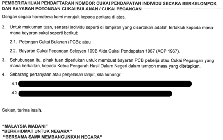 Extract from MIRB correspondence highlighting tax compliance requirements for foreign nationals working in Malaysia