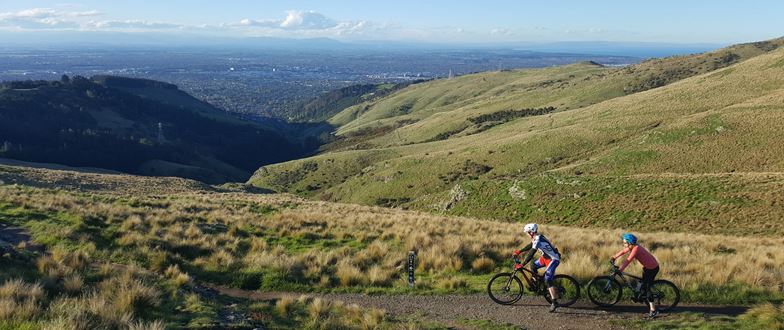 Two cyclists riding through a mountain range in new zealand admiring the view.