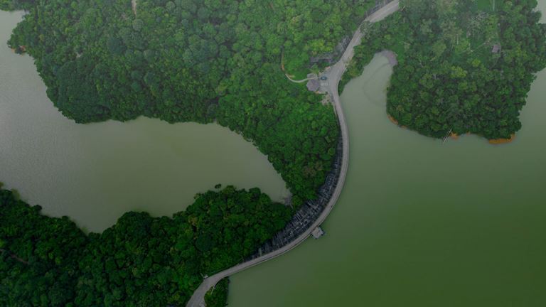 aerial view of bridge on dam