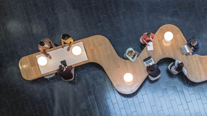 Aerial shot people at table