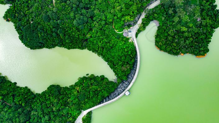 aerial view of bridge on dam