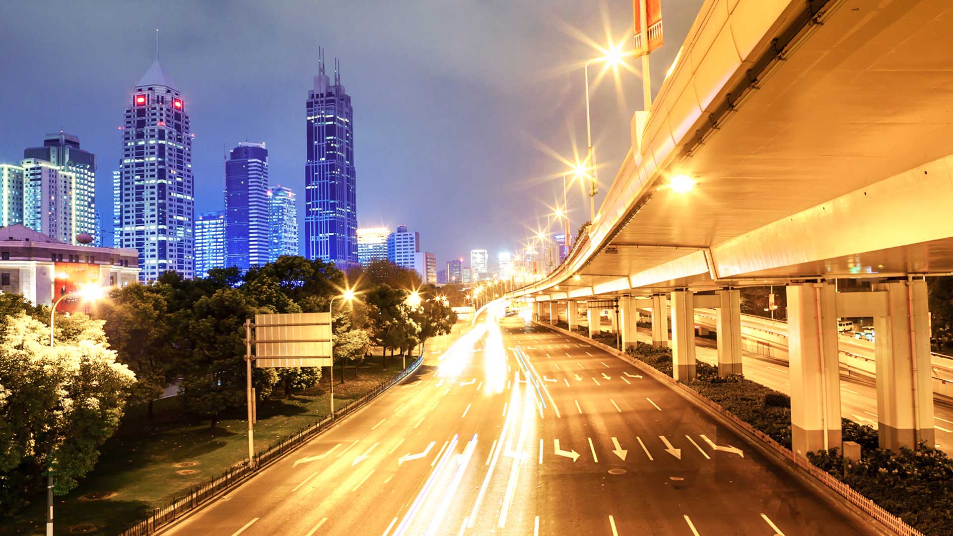 fly over and buildings at night