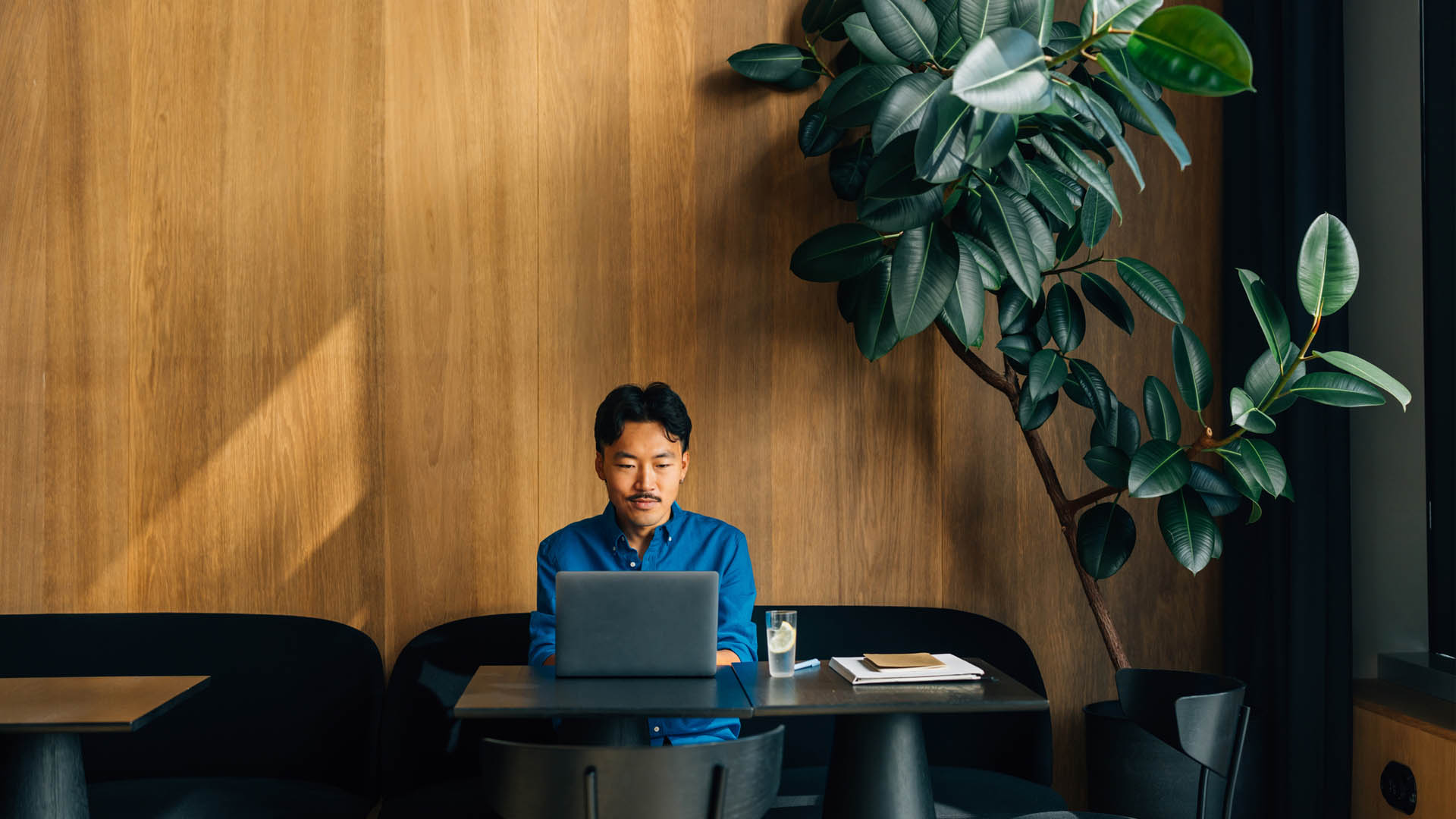 Man on laptop in lobby with plant