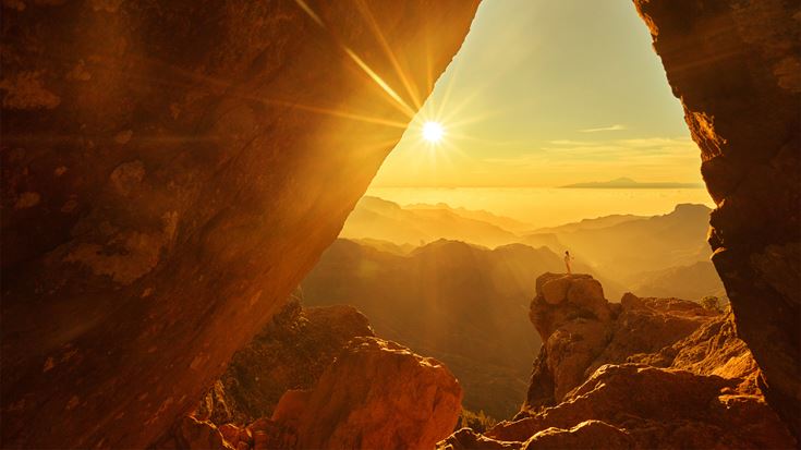 Mountain view through rocks