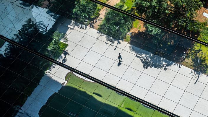 person walking along a garden path aireal view