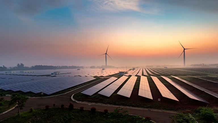 Solar-panels-and-sunset